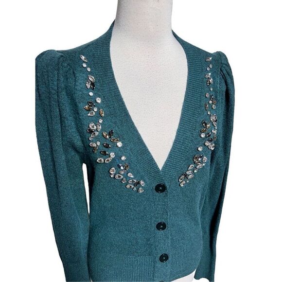Express Sexy long Sleeve Green Holiday Cardigan Sweater With Rhinestones Small - Picture 2 of 5